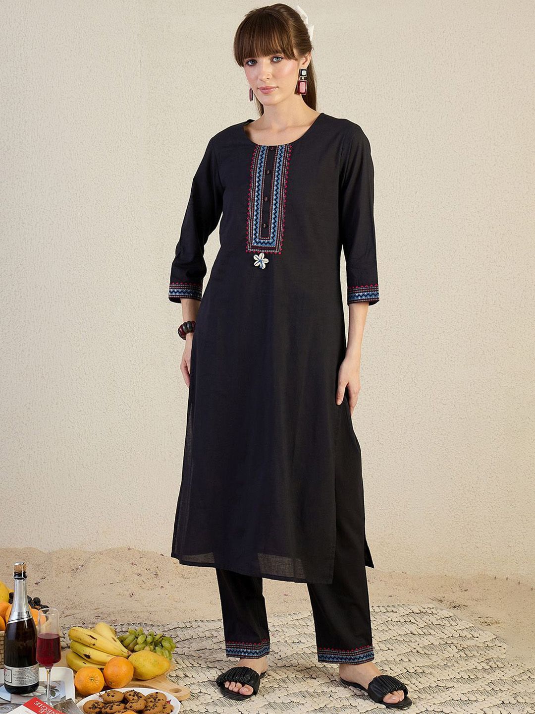Women Yoke Design Embroidered Cotton Kurta with Trousers & Dupatta