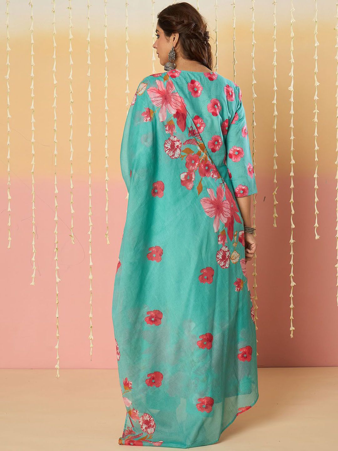 Floral Printed Pure Cotton Anarkali Kurta With Trousers & Dupatta