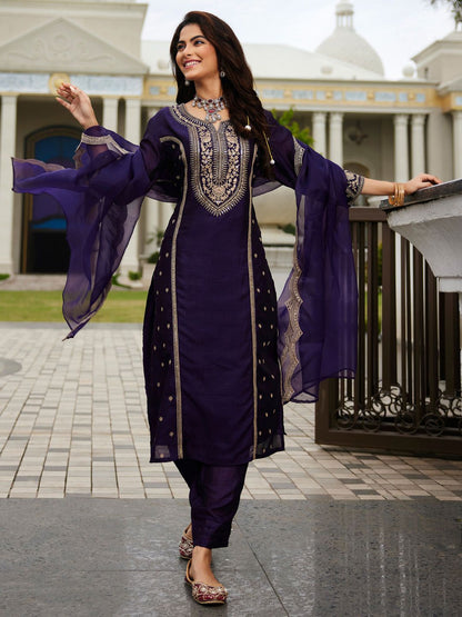 Women Ethnic Motifs Embroidered Panelled Kurta with Trousers & With Dupatta
