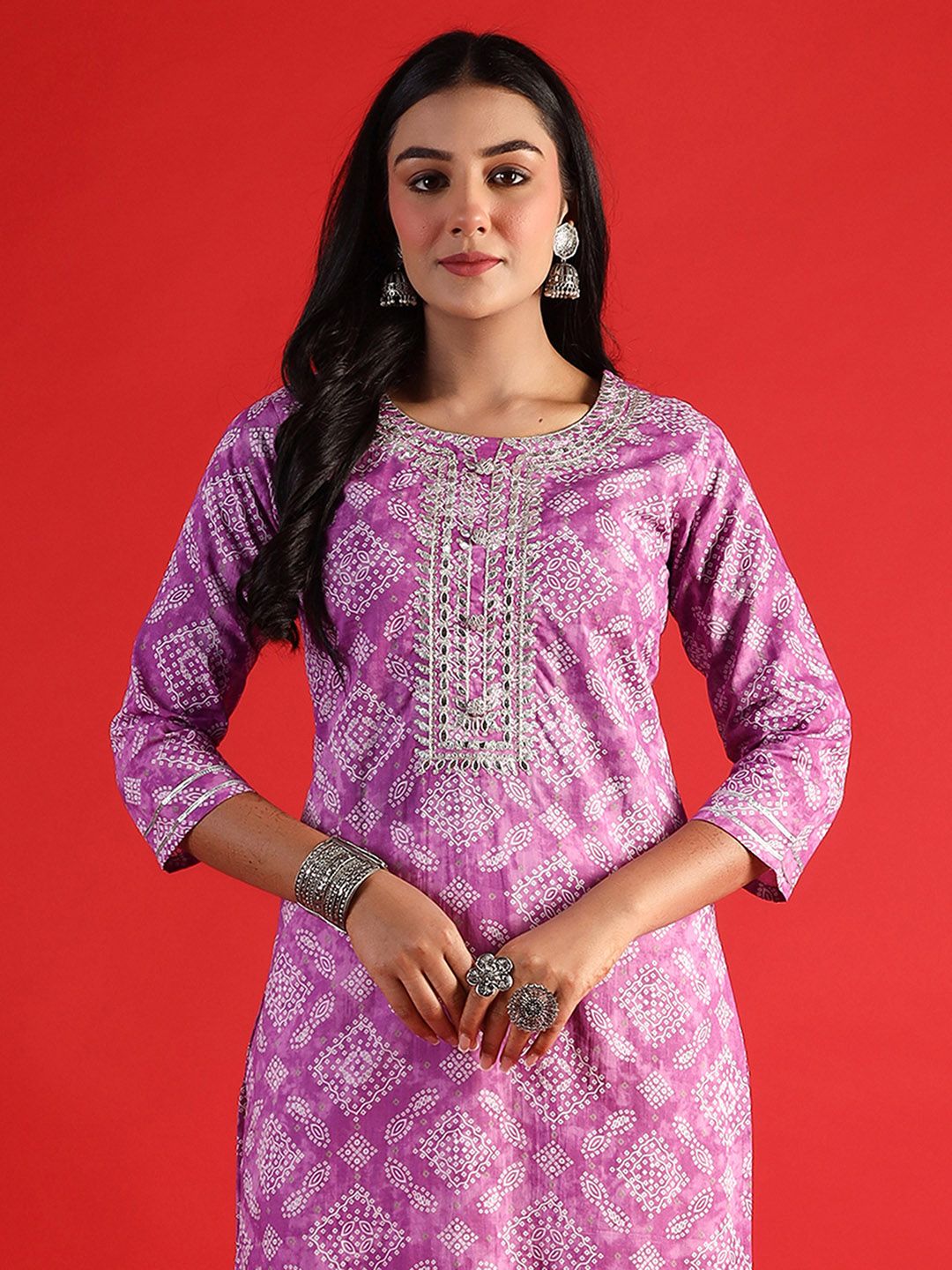 Dhiyona IE Women Ethnic Motifs Printed Cold-Shoulder Sleeves Mirror Work Kurta