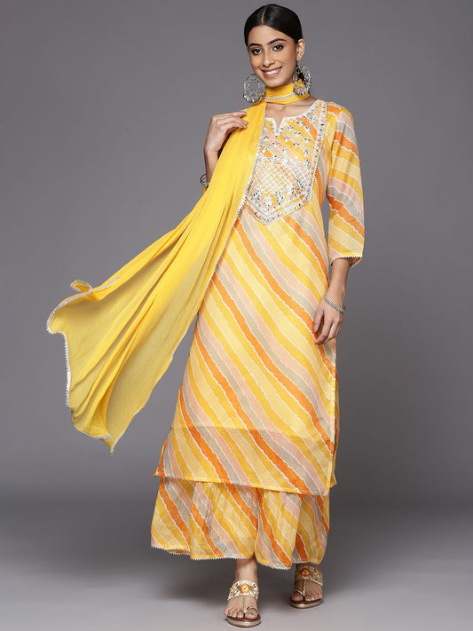 Dhiyona VA Women's Yellow Leheriya Printed Gotta Patti Chanderi Cotton Kurta with Sharara & With Dupatta