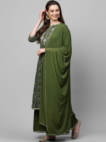Women Green Bandhani Printed Regular Thread Work Kurta with Sharara & With Dupatta