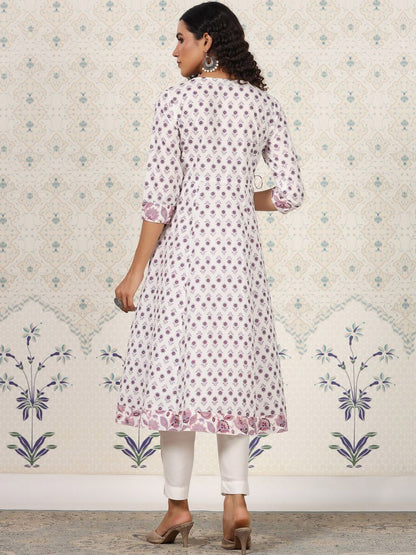 Dhiyona OD  White Floral Printed Pure Cotton A-Line Kurta