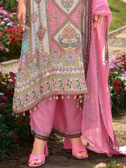 Women Floral Printed Regular Mirror Work Liva Kurta with Palazzos & With Dupatta