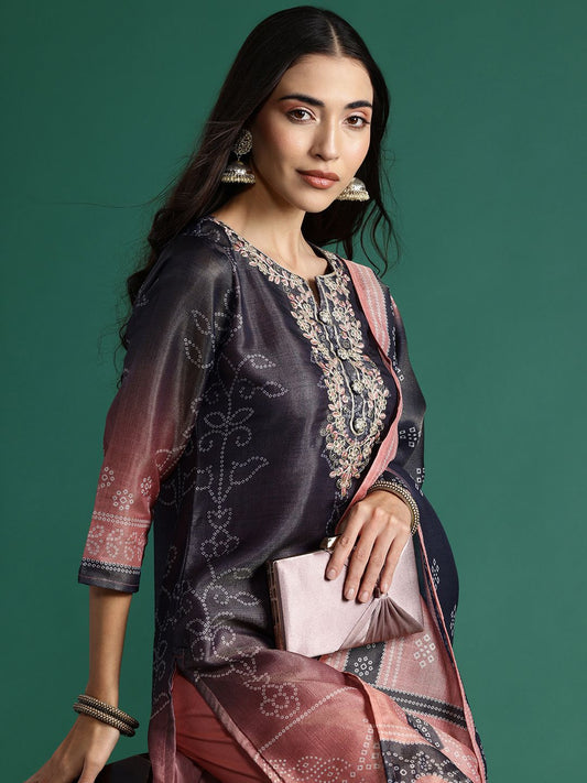 Dhiyona IE Bandhani Printed Thread Work Kurta with Trousers & With Dupatta