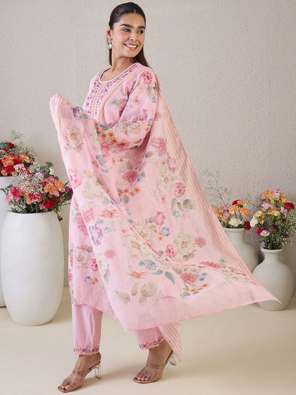 Women Floral Embroidered Linen Kurta with Trousers & Dupatta