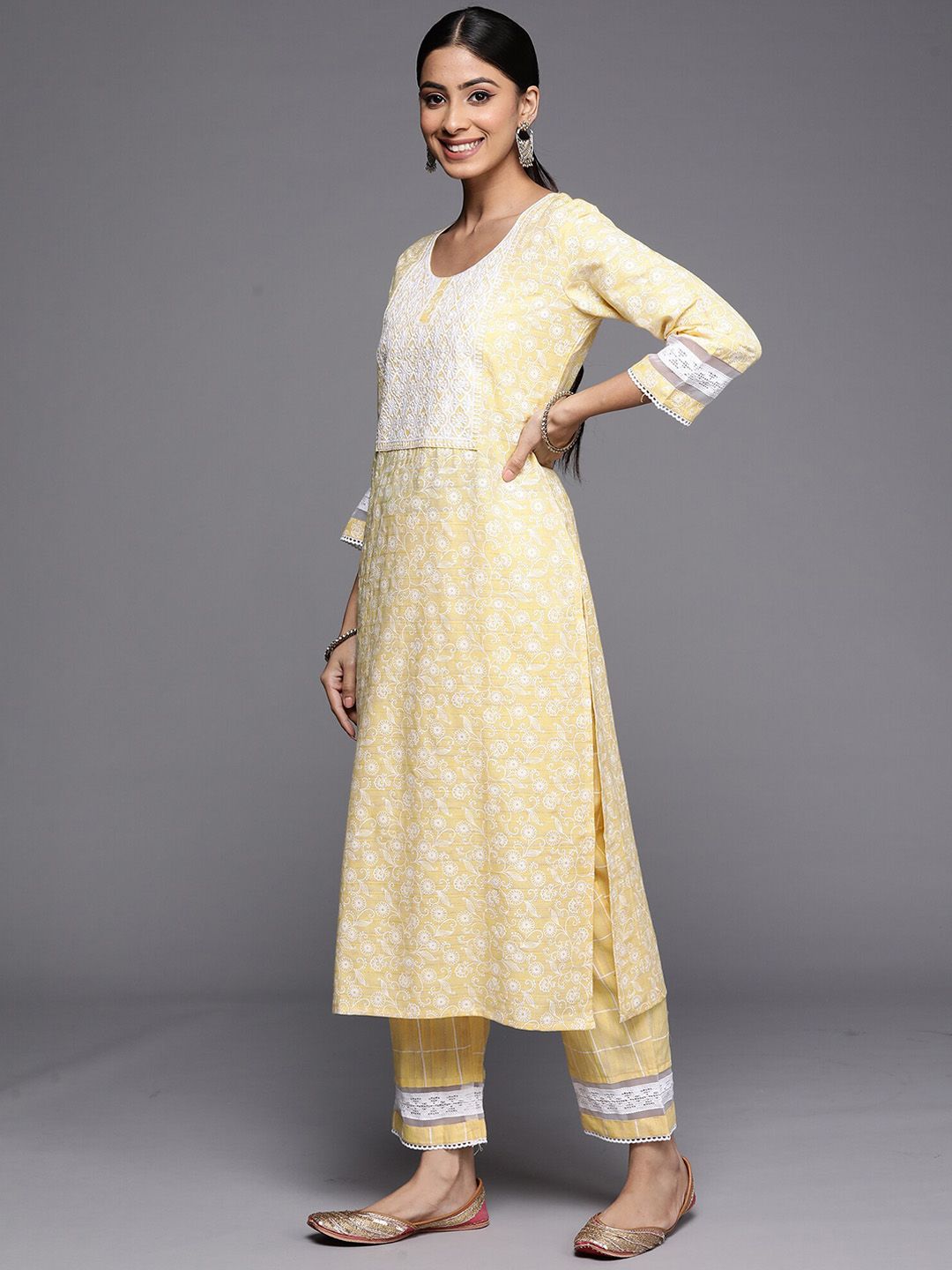 Yellow Floral Embroidered Thread Work Straight Kurta With Trousers & Dupatta