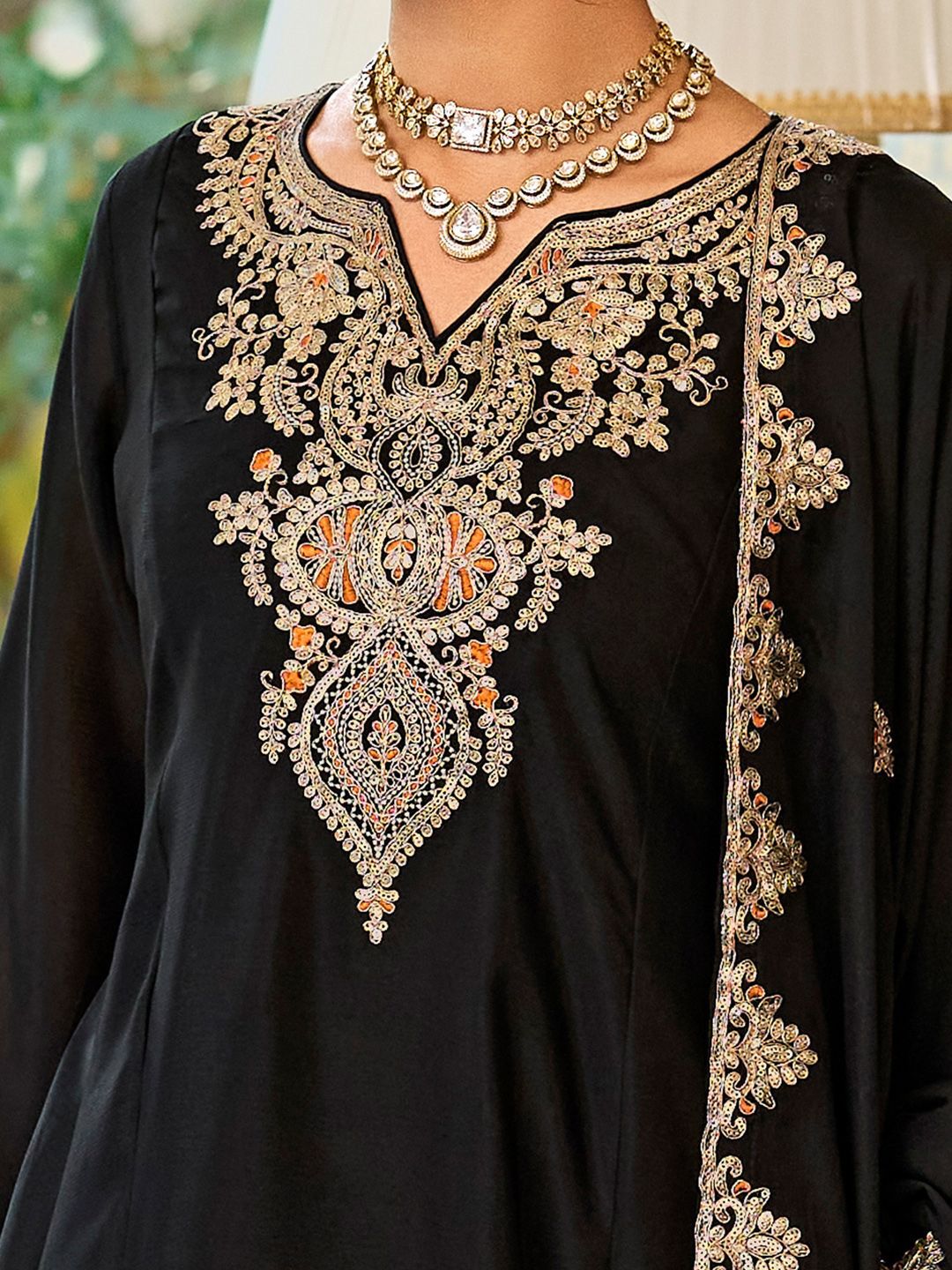 Floral Embroidered Sequinned Chinon A-Line Kurta With Palazzos & Dupatta