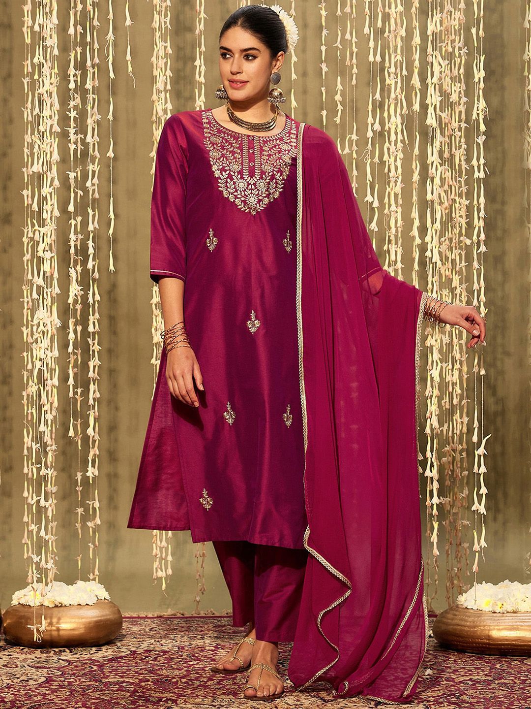 Dhiyona IE Magenta Ethnic Motifs Embroidered Straight Kurta & Trouser With Dupatta