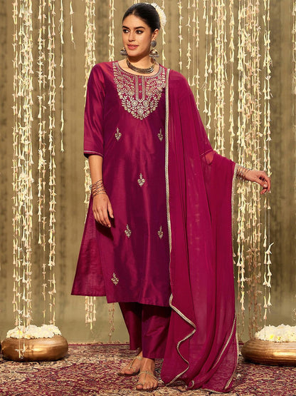Dhiyona IE Magenta Ethnic Motifs Embroidered Straight Kurta & Trouser With Dupatta