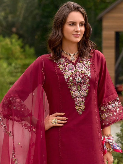 Women Floral Embroidered Panelled Sequinned Kurta with Trousers & With Dupatta