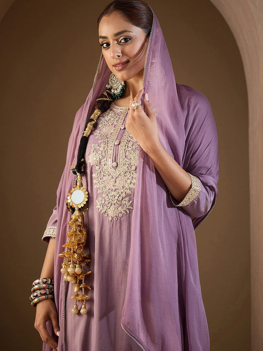 Ethnic Motifs Embroidered Regular Straight Kurta with Trousers & Dupatta