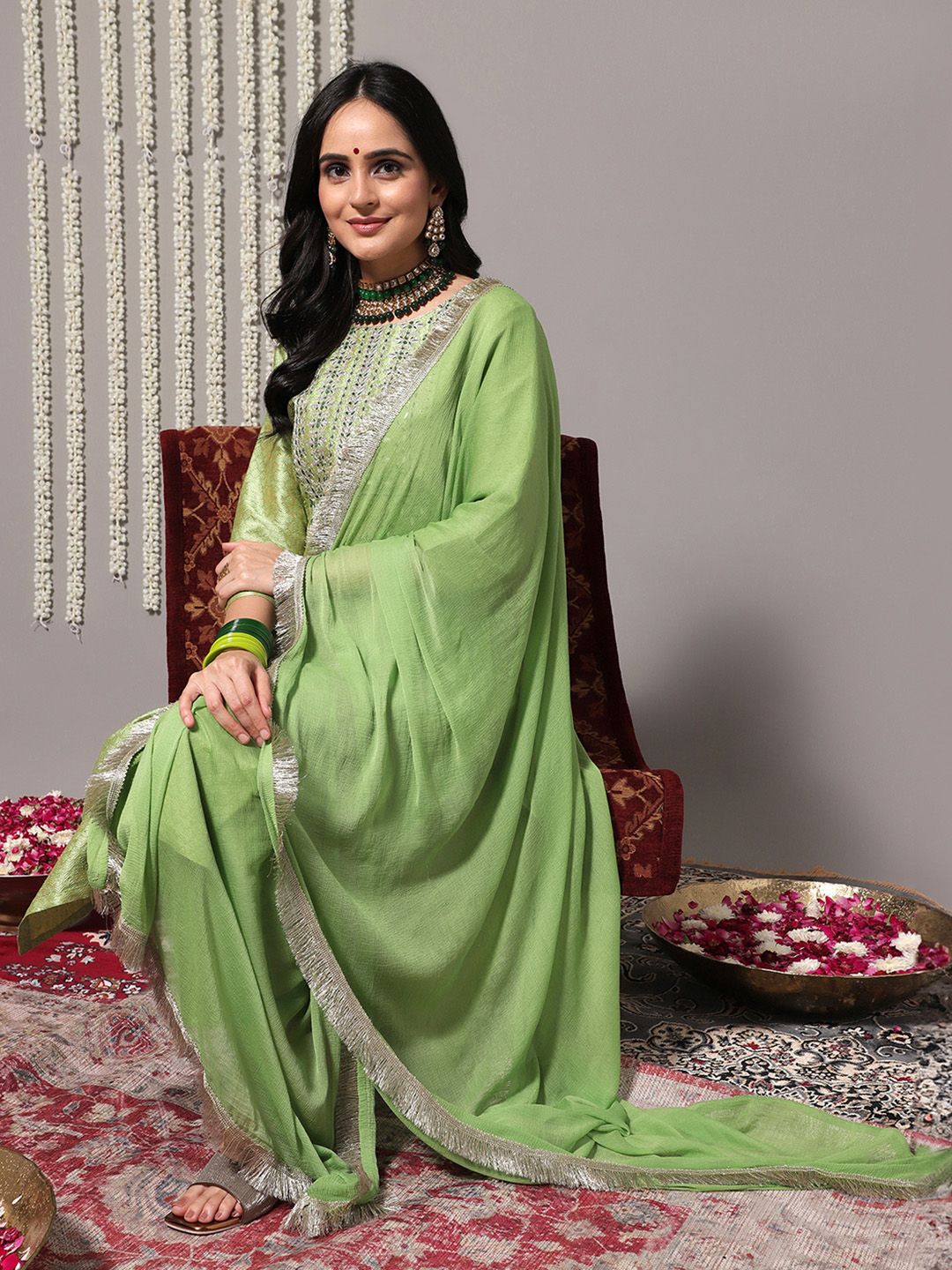 Dhiyona VA Women's Green Ethnic Motifs Gotta Patti Kurta with Trousers & With Dupatta