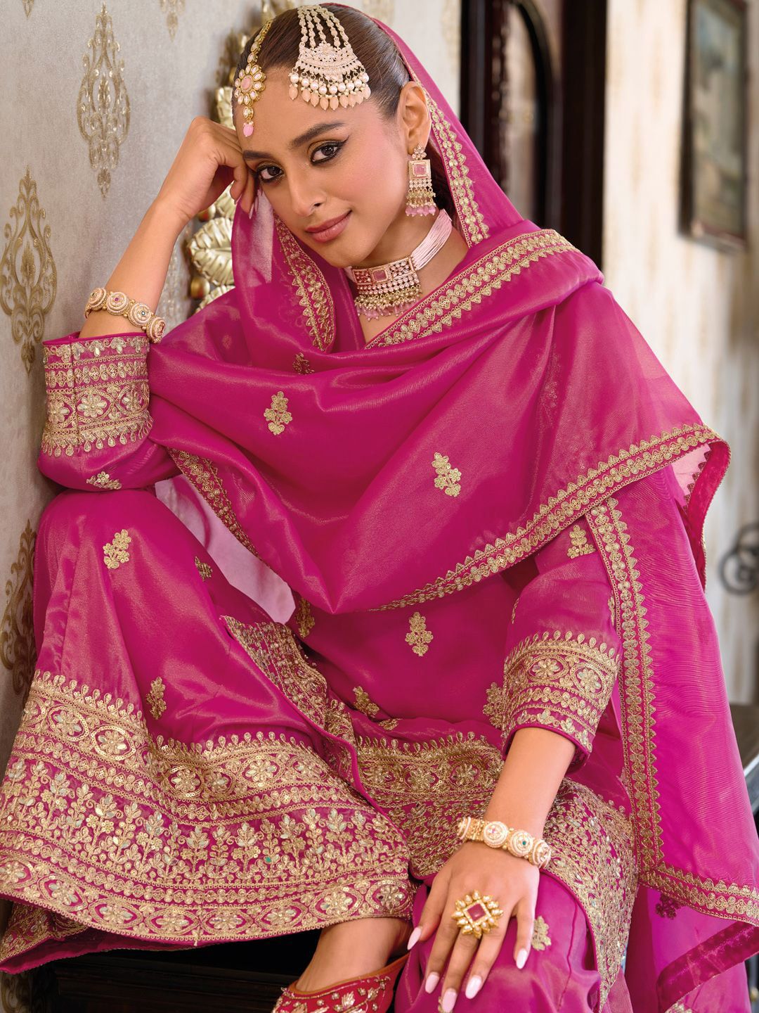 Women Ethnic Motifs Embroidered Mirror Work Kurta with Palazzos & With Dupatta