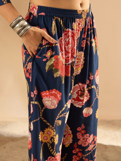 Dhiyona IE Floral Printed Three-Quarter Sleeves Tunic With Palazzos