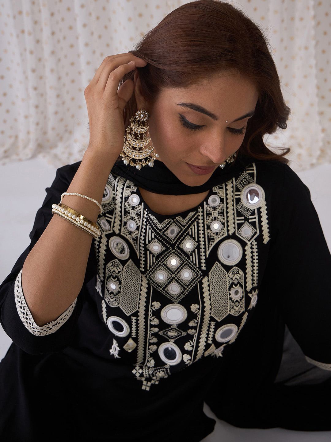 Ethnic Embroidered Round Neck Straight Kurta with Trousers & Dupatta