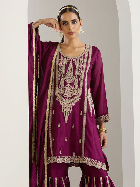 Dhiyona IS Women's Ethnic Motifs Embroidered Regular Thread Work Straight Kurta with Sharara & Dupatta