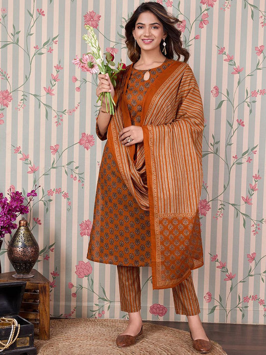 Dhiyona OD  Ethnic Motifs Printed Pure Cotton Kurta with Trousers & Dupatta