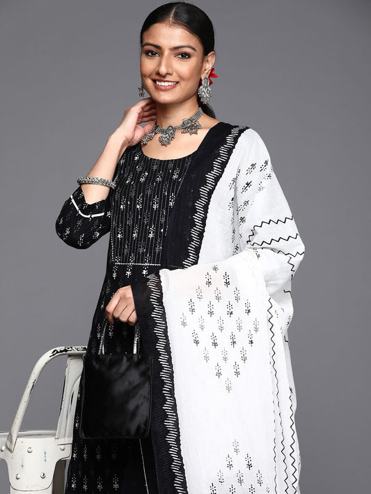Dhiyona VA Women's Black Ethnic Motifs Printed Pure Cotton Kurta with Trousers & Dupatta