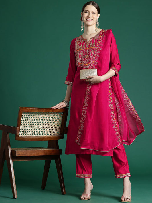 Dhiyona IE Women Ethnic Motifs Embroidered Regular Sequinned Liva Kurta with Trousers & With Dupatta
