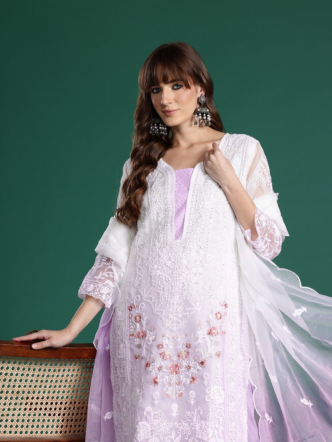 Dhiyona IE Floral Embroidered Sequinned Kurta with Trousers & Dupatta