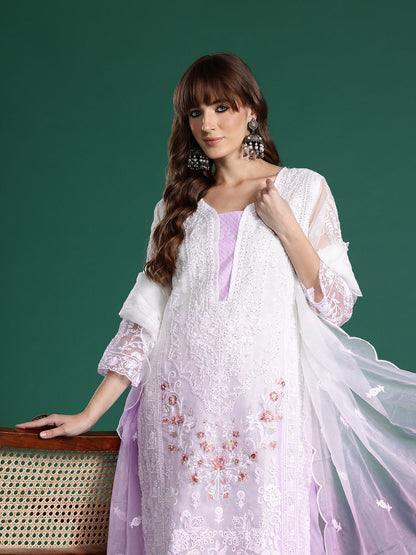 Floral Embroidered Sequinned Kurta with Trousers & Dupatta