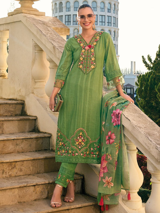 Dhiyona IE Floral Embroidered Thread Work Pure Cotton Kurta with Trousers & With Dupatta