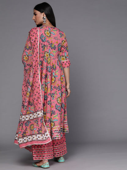 Dhiyona LB Women's Women Pink Floral Printed Panelled Pure Cotton Kurta with Palazzos & With Dupatta