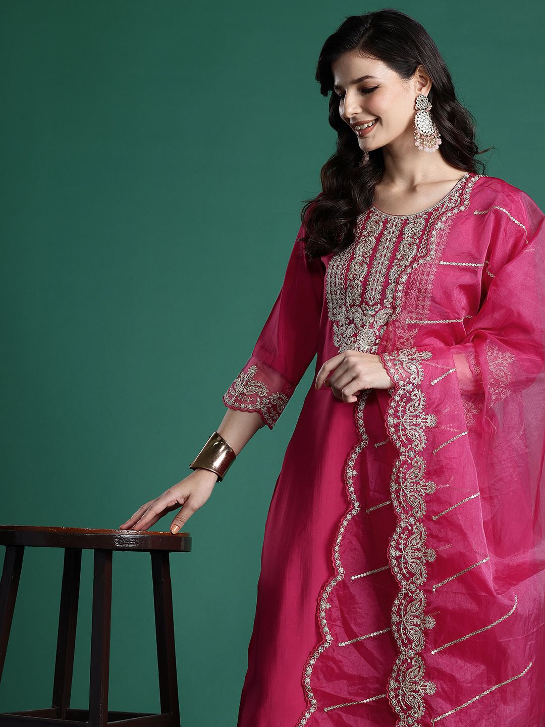 Dhiyona IE Women Ethnic Motifs Embroidered Zari Liva Kurta With Trousers & Dupatta