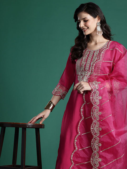 Dhiyona IE Women Ethnic Motifs Embroidered Zari Liva Kurta With Trousers & Dupatta