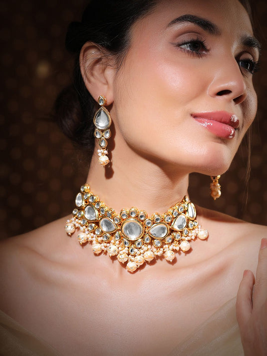Dhiyona RJ Women's 22K Gold-Plated Glossy Pearl Beaded Kundan Handcrafted Choker Necklace Set