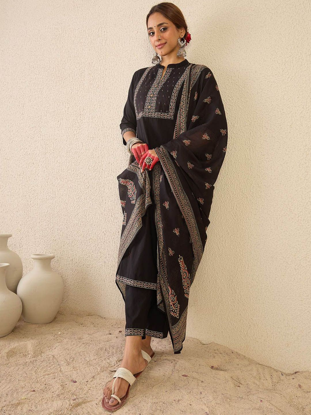 Dhiyona IE Women Ethnic Motifs Printed Mirror Work Pure Cotton Kurta with Trousers & Dupatta