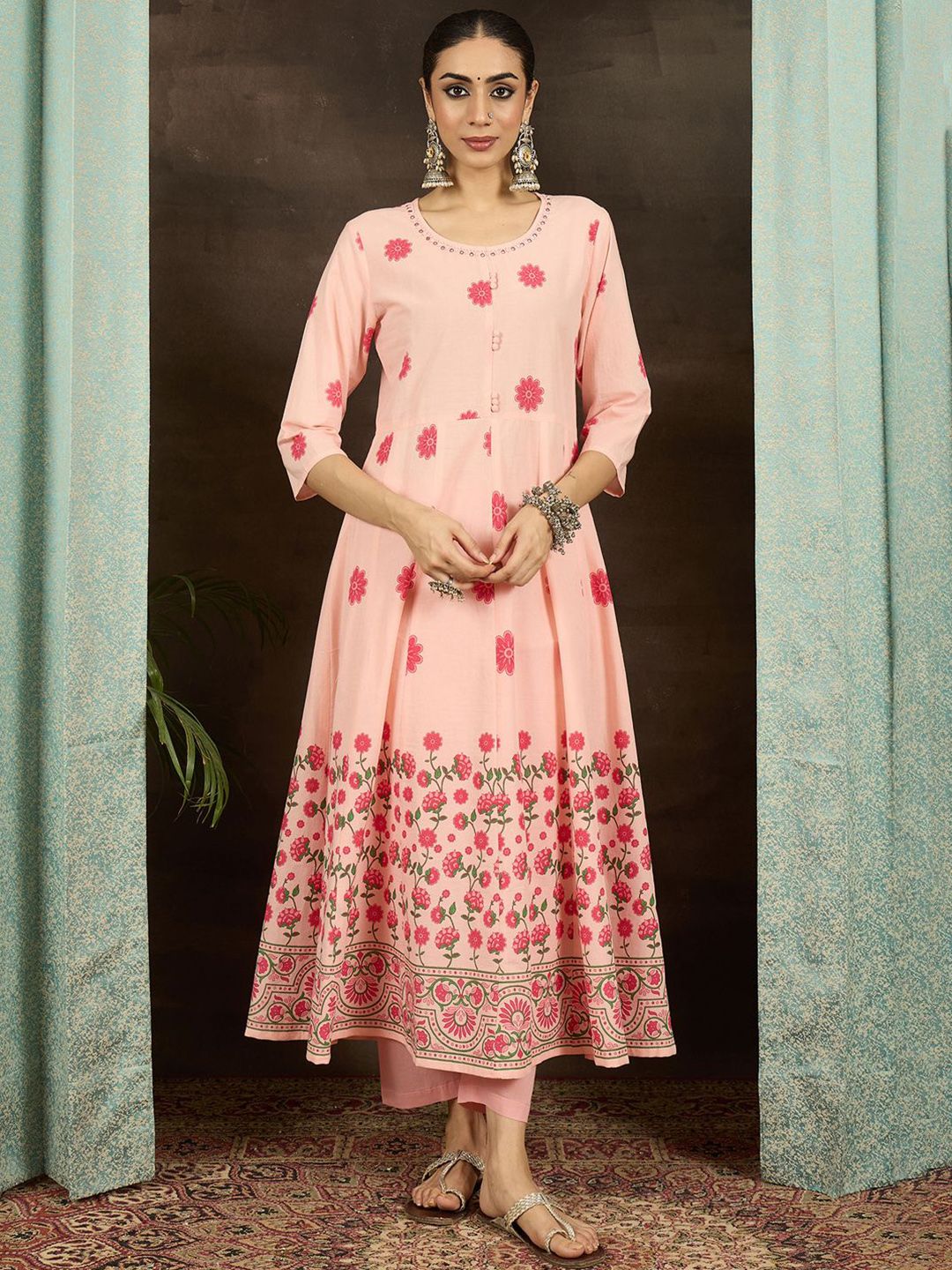 Floral Printed Round Neck Pure Cotton Anarkali Kurta With Trousers & Dupatta
