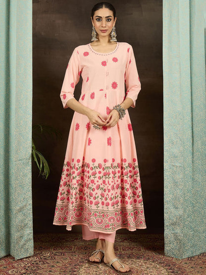 Floral Printed Round Neck Pure Cotton Anarkali Kurta With Trousers & Dupatta