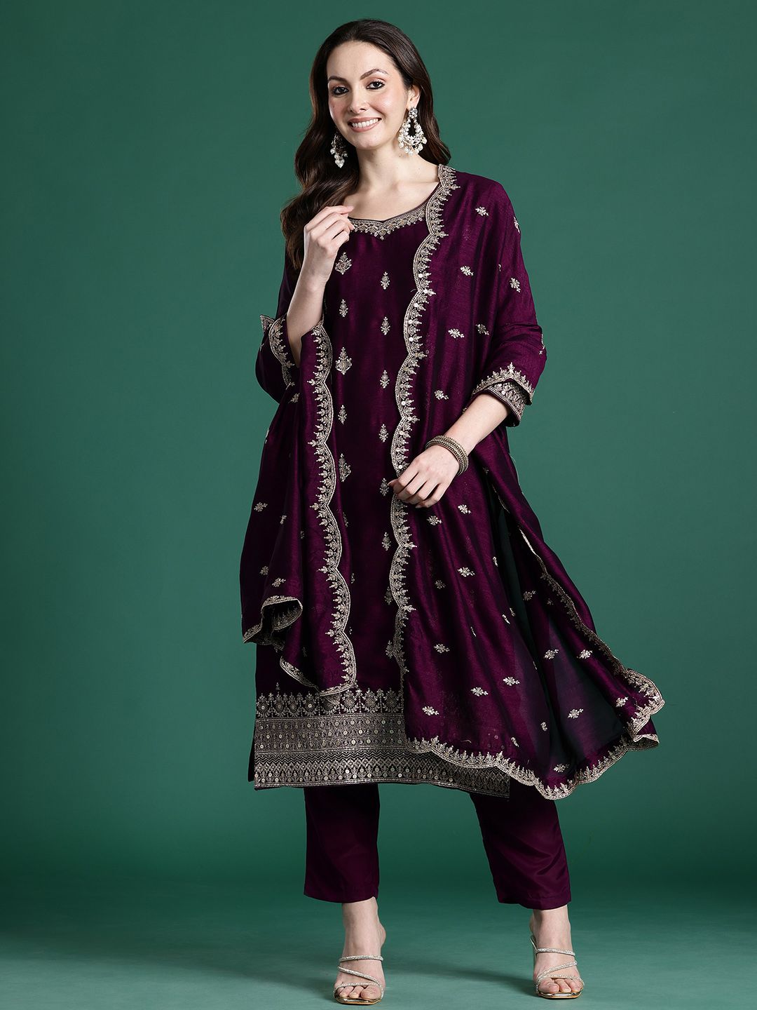 Ethnic Motifs Embroidered Sequinned Kurta with Trousers & With Dupatta