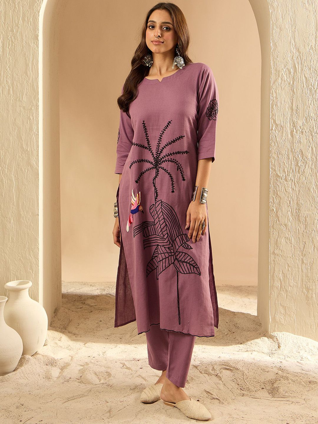 Dhiyona IE Embroidered Three-Quarter Sleeves Pure Cotton Tunic & Trouser