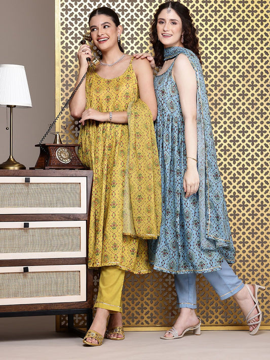 Dhiyona PD Women Jashn Ethnic Motifs Printed Pleated Kurta with Trousers & Dupatta