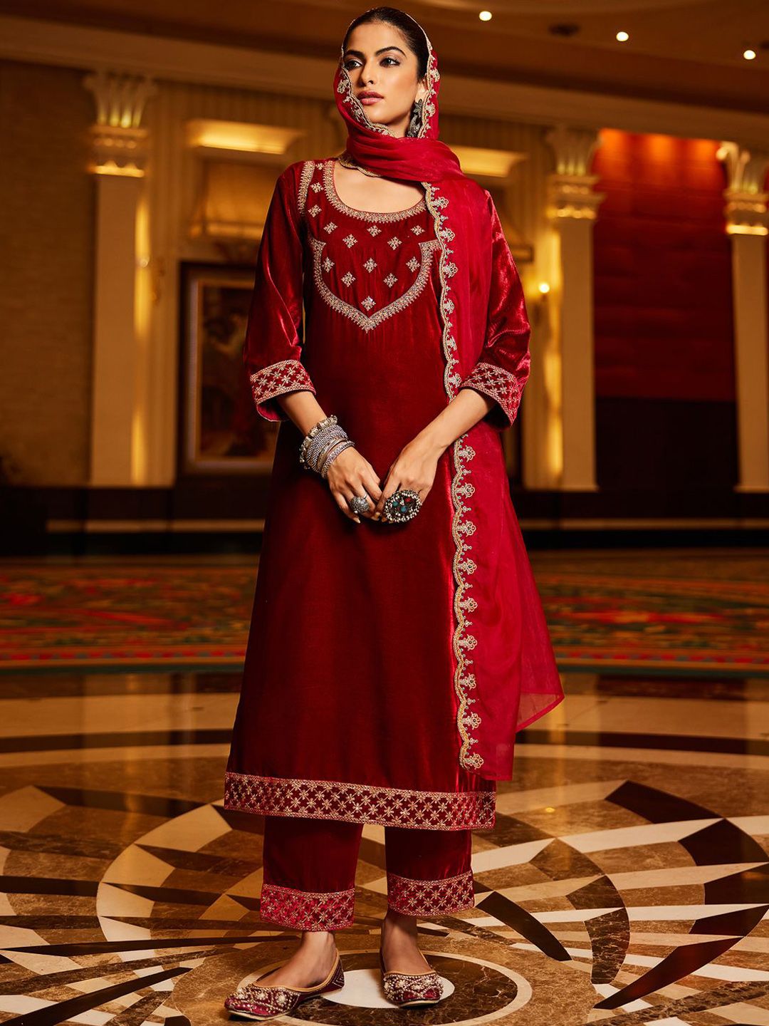 Dhiyona IE Women Ethnic Motifs Embroidered Regular Velvet Kurta with Trousers & With Dupatta
