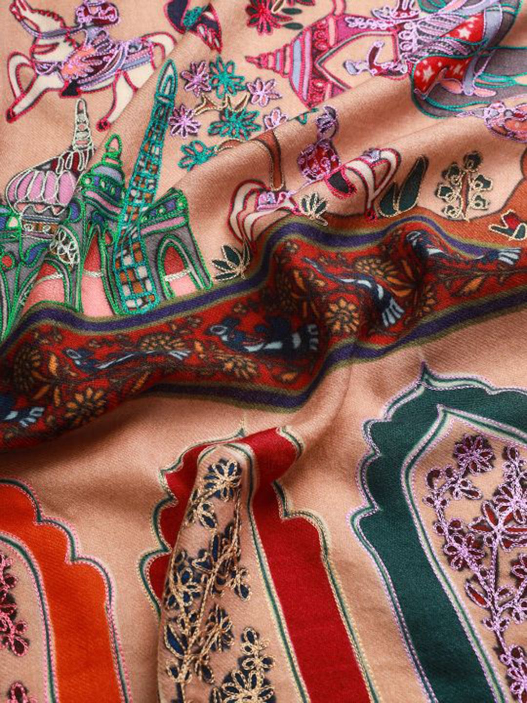 Dhiyona PA Women Beige Embroidered Pure Wool Shawl