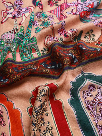 Dhiyona PA Women Beige Embroidered Pure Wool Shawl