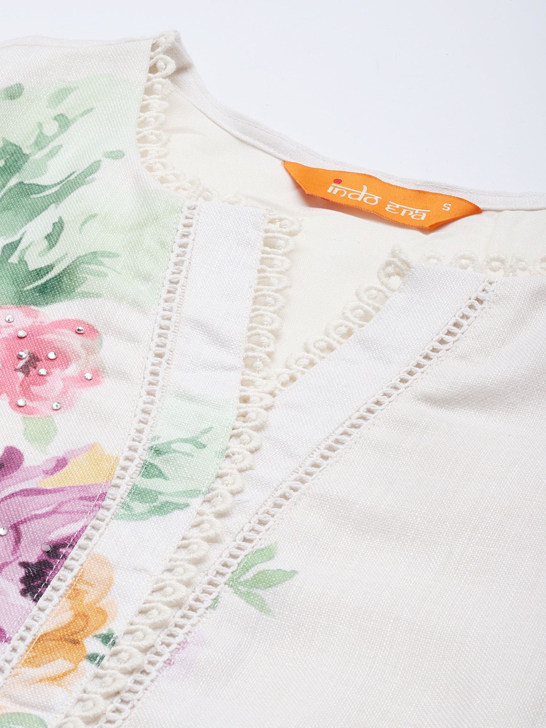 Floral Printed Beads and Stones Linen Kurta with Trousers & With Dupatta