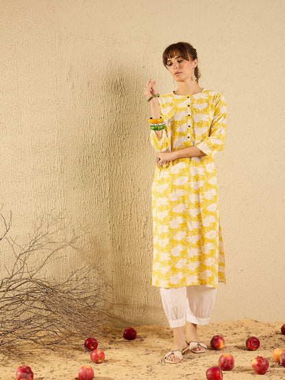 Dhiyona IE Floral Printed Round Neck Machine Weave Straight Kurta