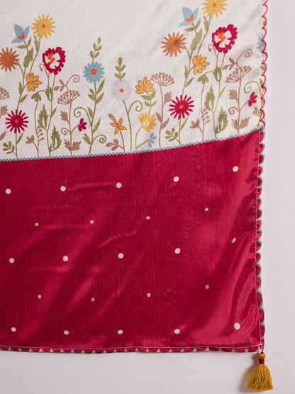 Dhiyona SN Women's Off White Floral Embroidered Thread Work A-Line Kurta With Trouser & Dupatta