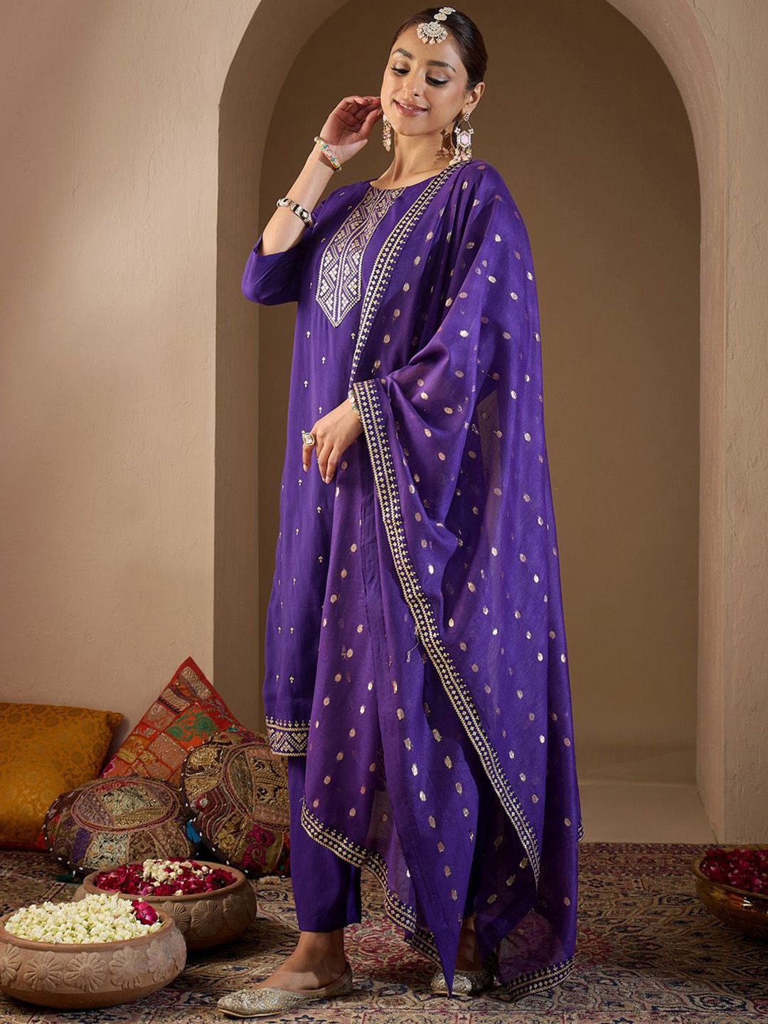 Women Ethnic Motifs Embroidered Regular Sequinned Kurta with Trousers & With Dupatta