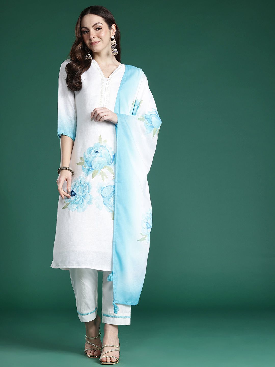 Dhiyona IE Floral Printed Sequinned Linen Kurta with Trousers & With Dupatta