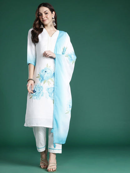 Dhiyona IE Floral Printed Sequinned Linen Kurta with Trousers & With Dupatta