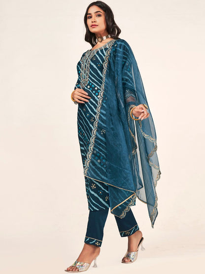 Dhiyona SN Women's Leheriya Embroidered Straight Kurta With Trousers & Dupatta