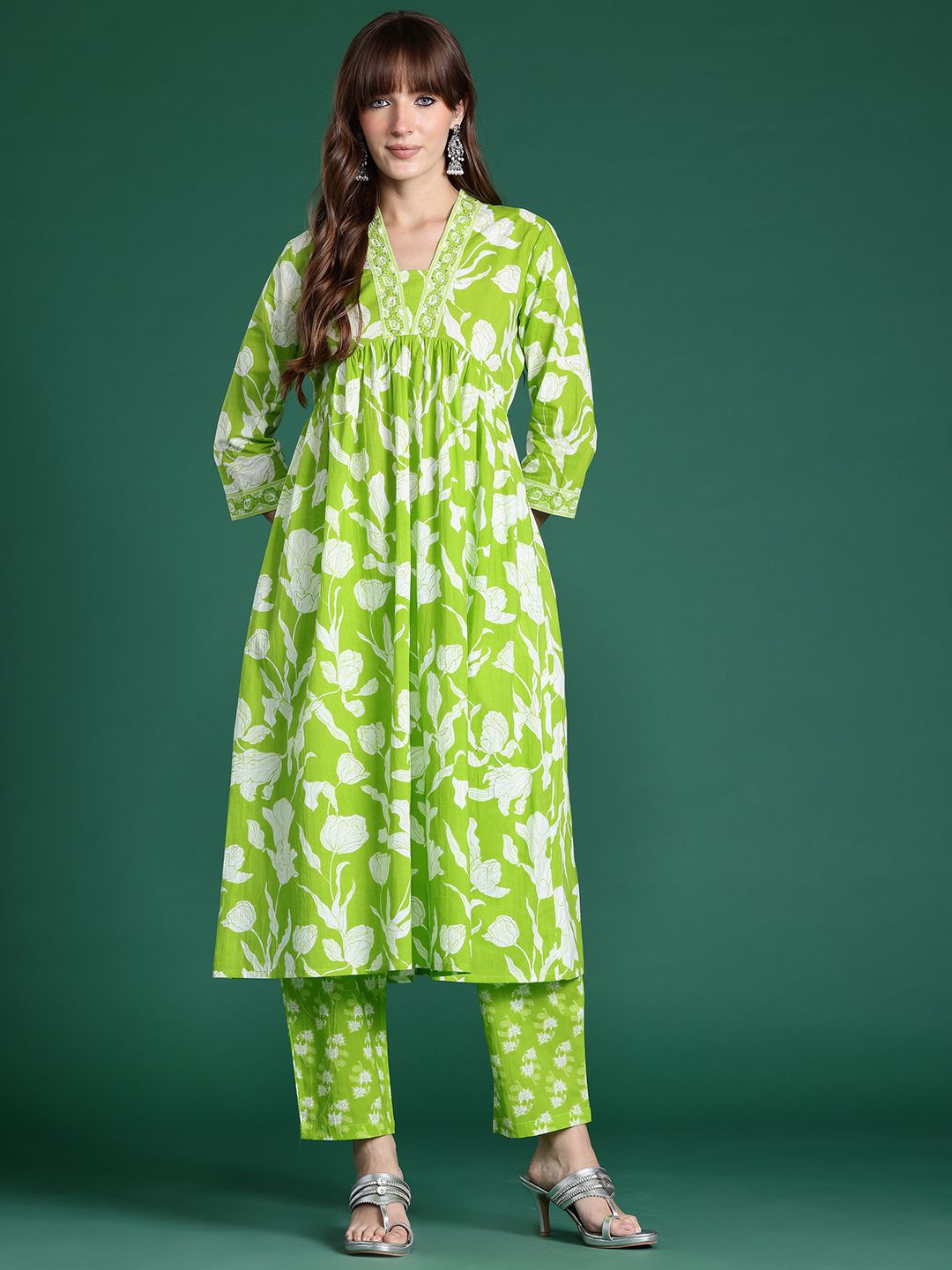 Dhiyona IE Floral Printed Empire Sequinned Pure Cotton Kurta with Trousers