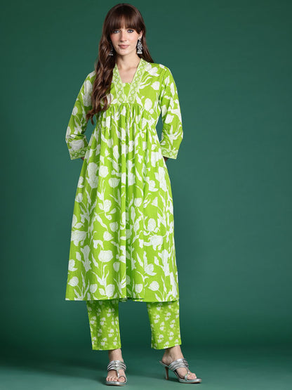 Dhiyona IE Floral Printed Empire Sequinned Pure Cotton Kurta with Trousers