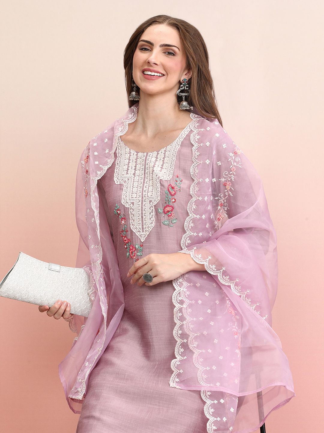 Floral Embroidered Round Neck Thread Work Straight Kurta with Trousers & Dupatta